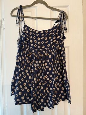 Free People Navy Blue Tie-Shoulder Swing Tank with Cream Dot Print NWOT